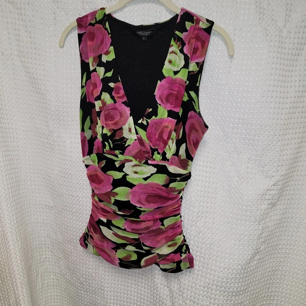 Karen Kane Top lined Lifestyle Petites Black Green Pink Floral - Picture 1 of 3